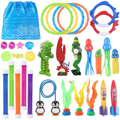 32 Packs Summer Pool Diving Swimming Essentials Water Toys for Kids, Fun Swim Games Sinking Set, Underwater Dive Easter Day Gifts with Storage Bag Include Torpedo Gems Shark Rings Sea Animals
