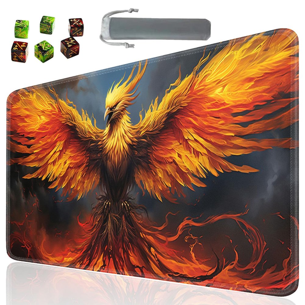 SOTWONSO Board Game for TCG Playmat Table Mats Games Size 60X35 cm Mousepad Compatible for MTG RPG CCG Trading Card Game Play mats with 6 Dice (Playmat 22) Flaming Phenix