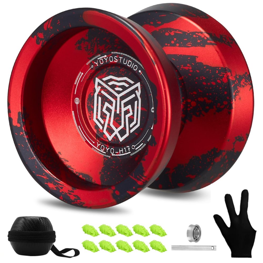 YOYOSTUDIO Yoyo Professional Responsive Yoyo H17, Dual Purpose Metal Yoyos for Kids Beginner, Unresponsive Yo yo Bearing for Adults with Removal Bearing Tool, 10 String, Case & Glove (Black and Red)