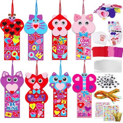 Qyeahkj 32 Sets Valentine's Day Bookmarks Foam Craft Kit for Heart Bookmarks DIY Craft Animal Face Heart Owl Foam Stickers for Home Activity Valentine Gift Party Favor Decorations