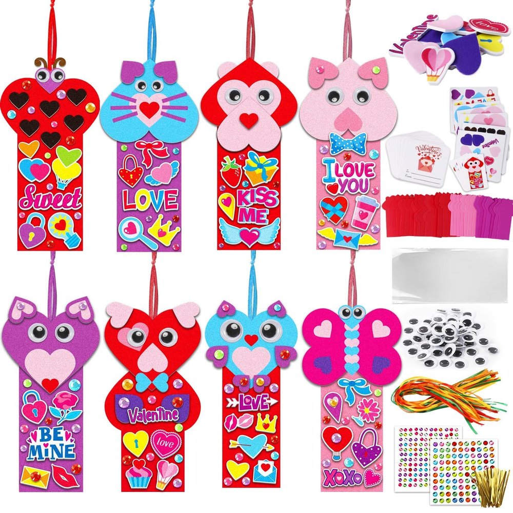 Qyeahkj 32 Sets Valentine's Day Bookmarks Foam Craft Kit for Heart Bookmarks DIY Craft Animal Face Heart Owl Foam Stickers for Home Activity Valentine Gift Party Favor Decorations