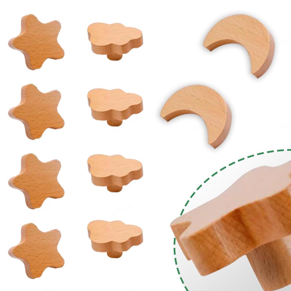 10 Pack Modern Wooden Knobs Cartoon Drawer Handles,Children's Room Furniture Knobs,with Screws & Self Adhesive,Cute Kids Cabinet Door Bedroom Handle,Kitchen Cupboard Knobs,Original Wood Color,B