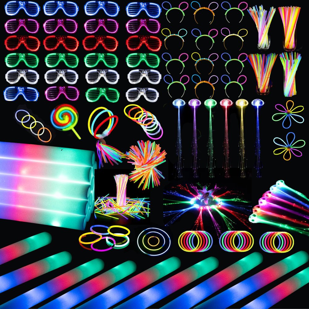 272 PCs Glow Party Supplies, 24 Foam Glow Sticks, 24 LED Glasses and 200 Glow Sticks Bracelets, 12 Glow sticks headband 12 Fiber Optic Hair LightGlow Neon Party Favors for Wedding, Concert, Raves