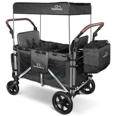 Badovinci Stroller Wagon for 2 Kids, Foldable Push-Pull Rod Wagon Featuring 2 High Seats with 5-Point Harnesses and Adjustable Canopy, Perfect for Garden, Camping, Grocery Cart