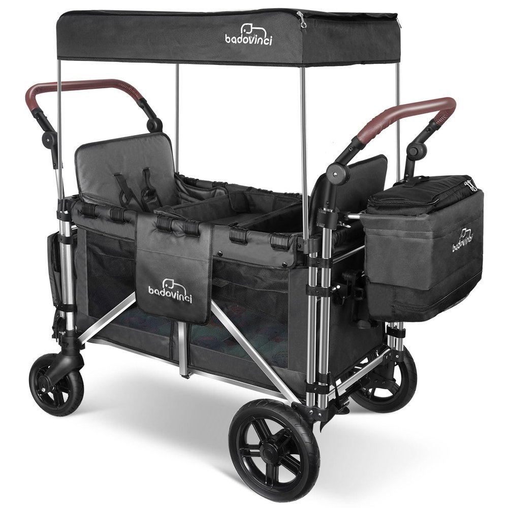 Badovinci Stroller Wagon for 2 Kids, Foldable Push-Pull Rod Wagon Featuring 2 High Seats with 5-Point Harnesses and Adjustable Canopy, Perfect for Garden, Camping, Grocery Cart