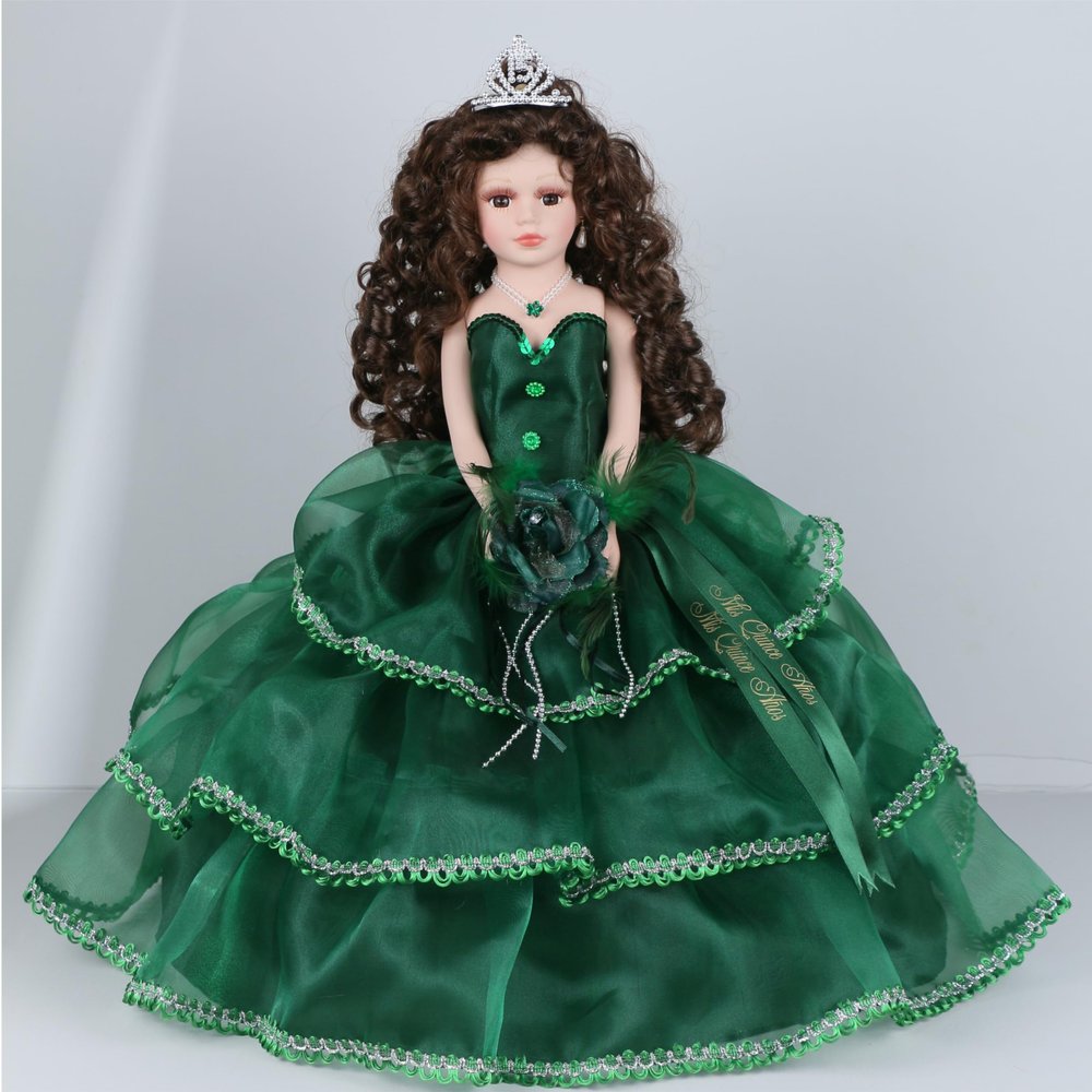 18 Quinceaera Last Doll with Umbrella Dress Stand  ltima Mueca Mis Quince Aos Keepsake, Traditional Hispanic Mis 15 Doll, Ceremony & Table Centerpiece, Full Accessory KB18724-33B (Emerald Green)