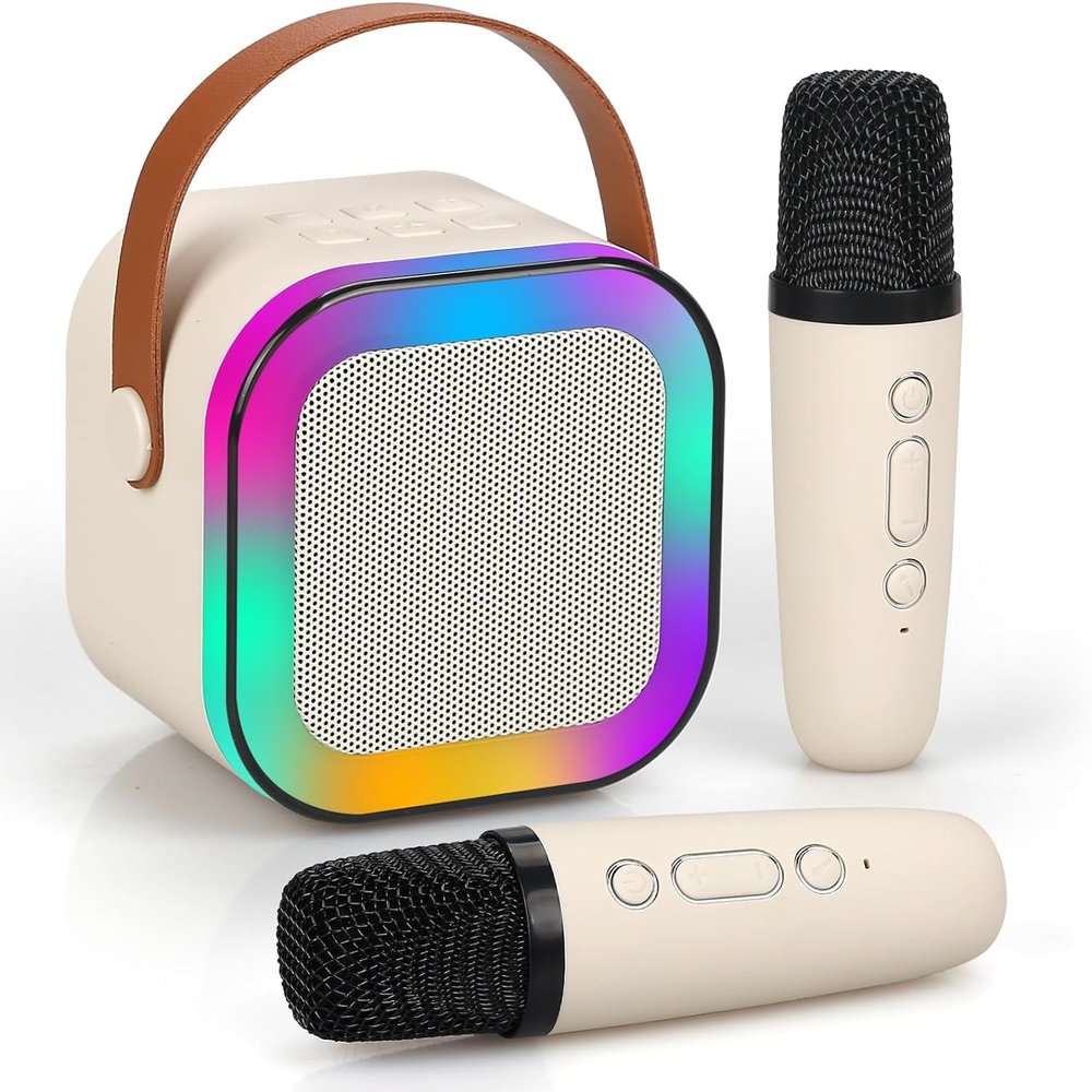 Speaker Machine for Kids& Adults,Mini Portable Blue-Tooth Karaoke Speaker with 2 Wireless Microphones and Dynamic Lights,Home KTV,Outdoor,Travel (Off White)
