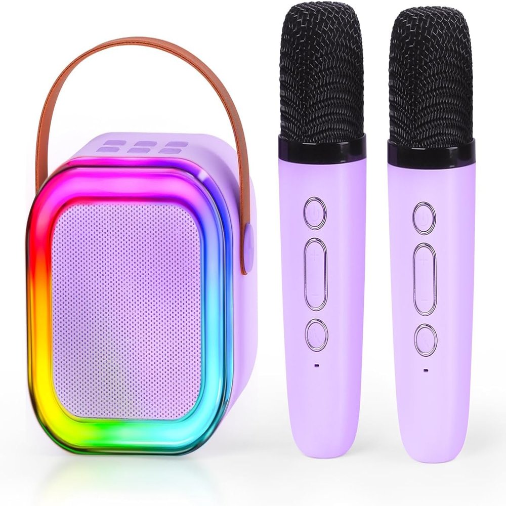 Speaker Machine for Kids& Adults,Mini Portable Blue-Tooth Karaoke Speaker with 2 Wireless Microphones and Dynamic Lights,Home KTV,Outdoor,Travel (Purple)