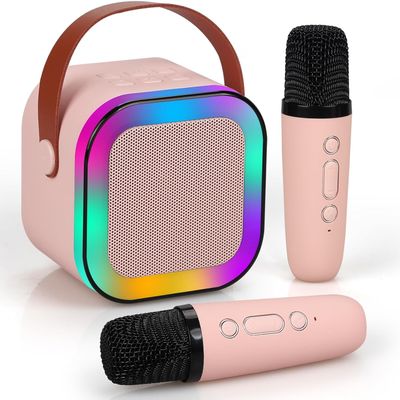Speaker Machine for Kids& Adults,Mini Portable Blue-Tooth Karaoke Speaker with 2 Wireless Microphones and Dynamic Lights,Home KTV,Outdoor,Travel (Pinkcolor)