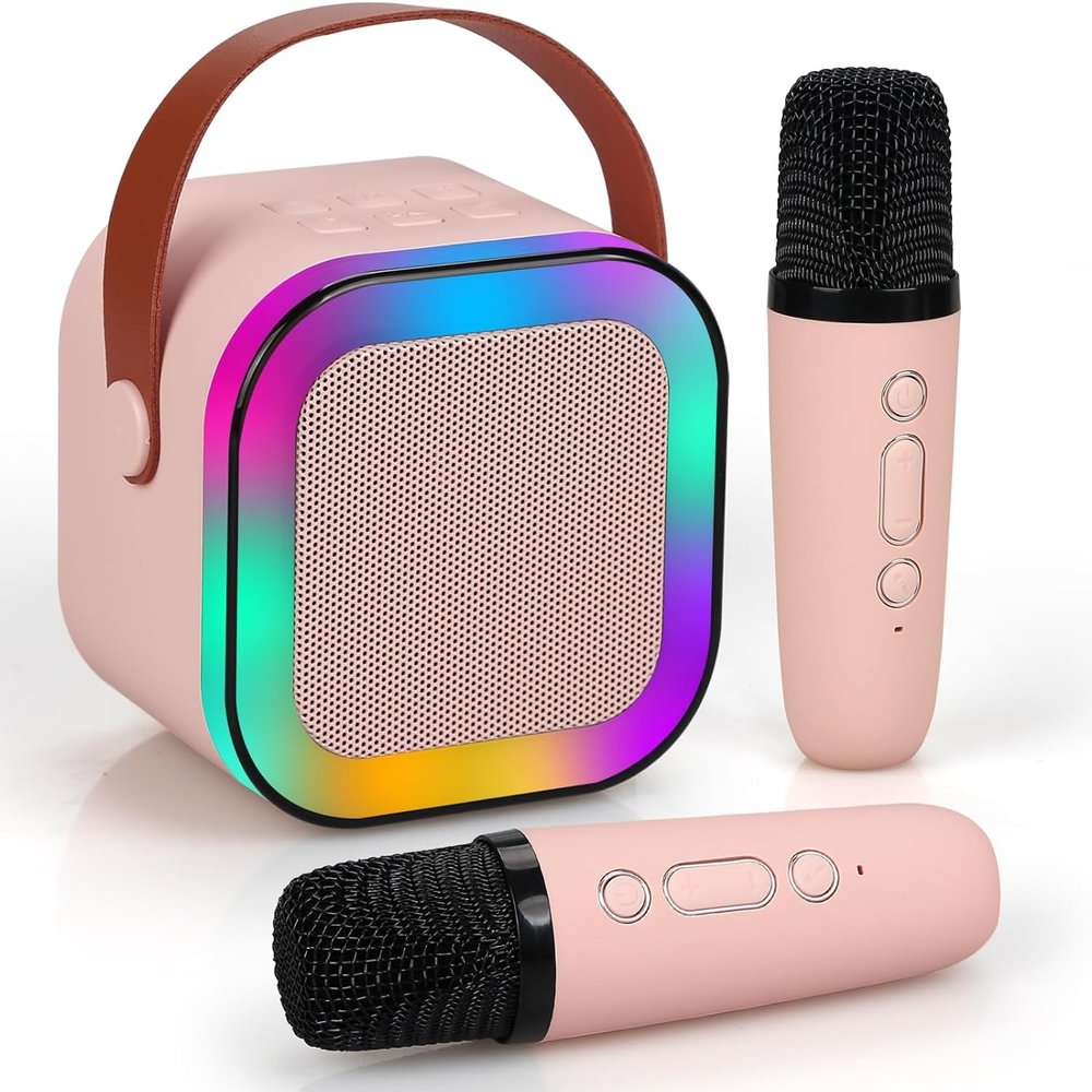 Speaker Machine for Kids& Adults,Mini Portable Blue-Tooth Karaoke Speaker with 2 Wireless Microphones and Dynamic Lights,Home KTV,Outdoor,Travel (Pinkcolor)