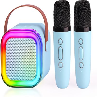 Speaker Machine for Kids& Adults,Mini Portable Blue-Tooth Karaoke Speaker with 2 Wireless Microphones and Dynamic Lights,Home KTV,Outdoor,Travel (Blue)