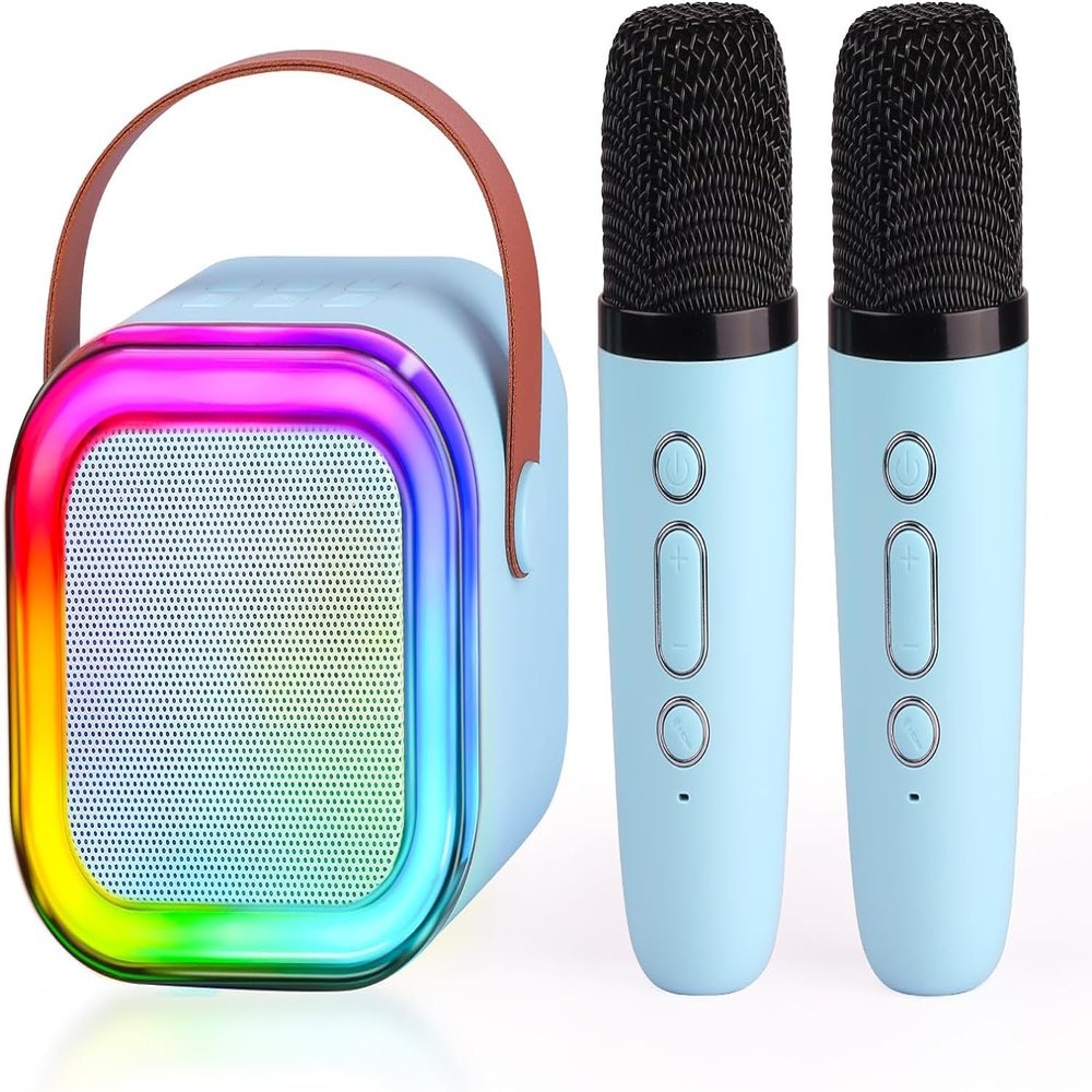 Speaker Machine for Kids& Adults,Mini Portable Blue-Tooth Karaoke Speaker with 2 Wireless Microphones and Dynamic Lights,Home KTV,Outdoor,Travel (Blue)