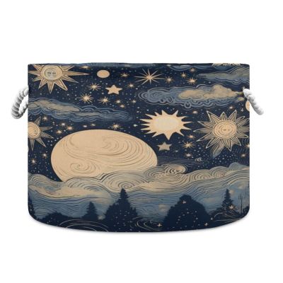 Bulletgxll Round Storage Basket 13.9x20 Inch Stars and Moon Collapsible Cotton Rope Organizing Basket Laundry Basket for Blankets Toys Clothes Book