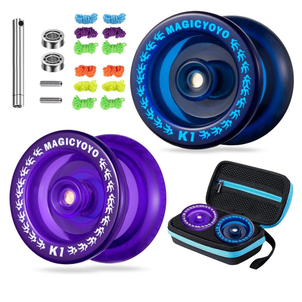 MAGICYOYO K1 Pack of 2 Yoyos for Kids, Responsive YoYos with Yoyo Storage Case,12 Strings and Unresponsive Bearing Kit for Dual Purpose Use ( Dark Blue & Purple)