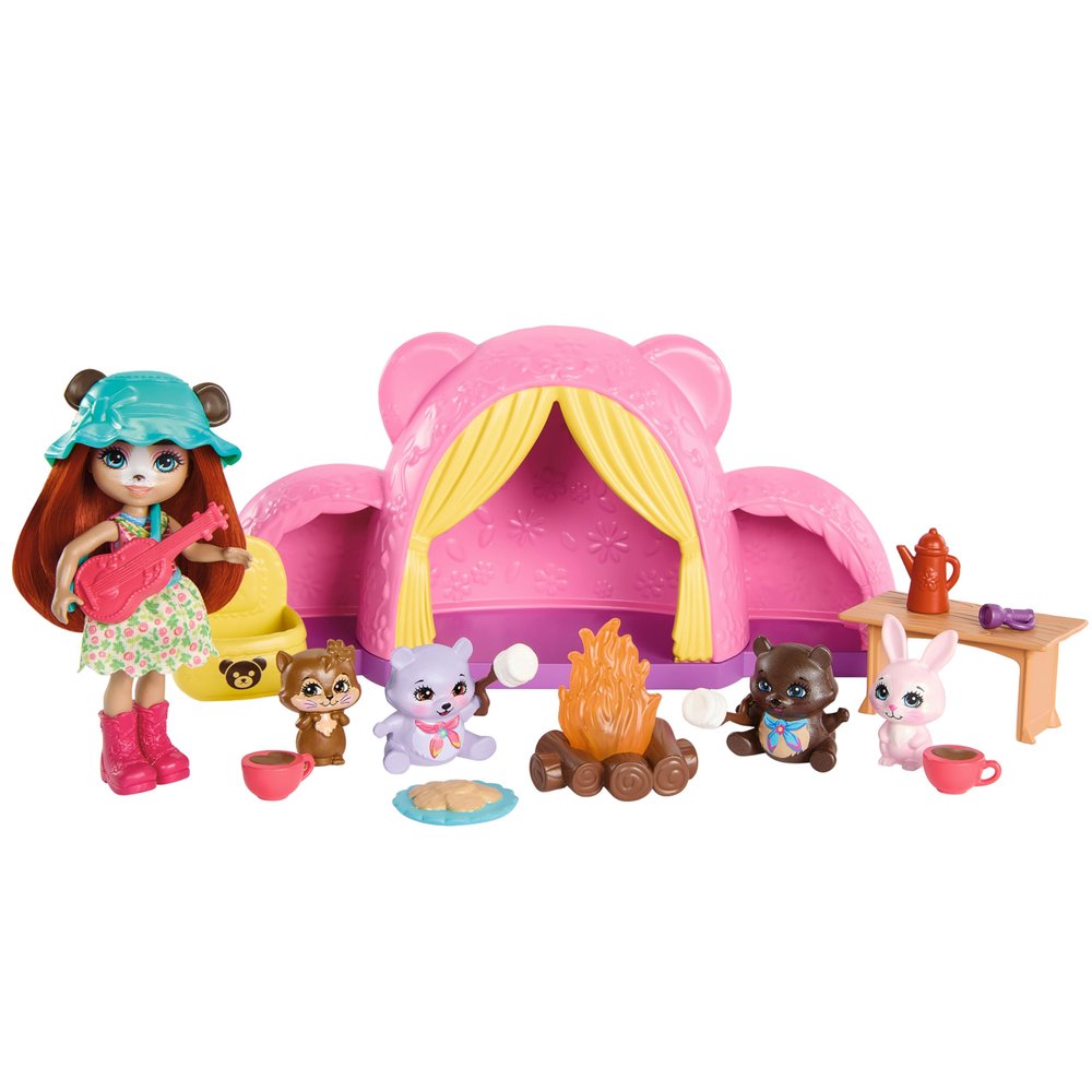 Enchantimals Cuddlers Camping Tent Set with Doll and 4 Animal Figurines, Sleeping Bag, Campfire, and Other Accessories Included, Children's Toy, from 4 Years, HTW71