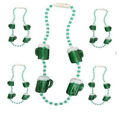 Gloworks Vibrant Green and White Beaded Necklace with Flashing Green Beer Mug Charms! 5 necklace BUNDLE