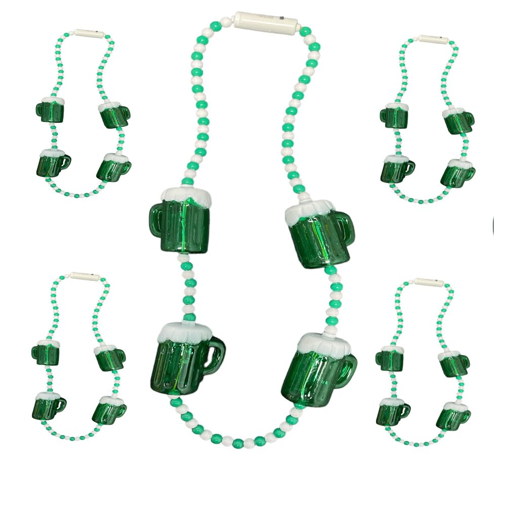 Gloworks Vibrant Green and White Beaded Necklace with Flashing Green Beer Mug Charms! 5 necklace BUNDLE