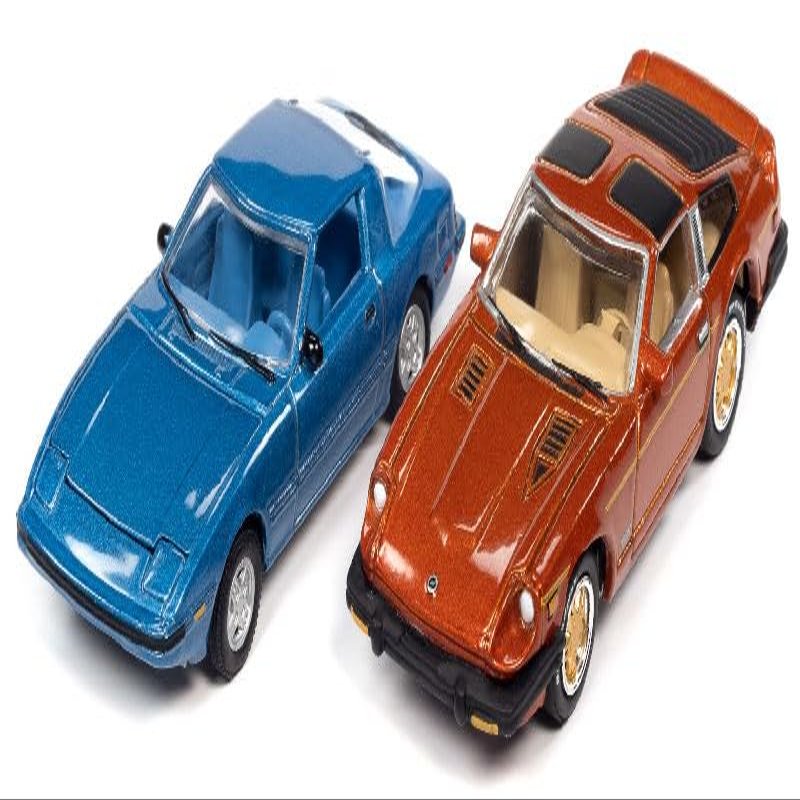 1982 RX-7 Blue Metallic and 1981 Datsun 280ZX Orange Mist Metallic Import Heat Set of 2 Cars 1/64 Diecast Model Cars by Johnny Lightning JLPK014-JLSP169B