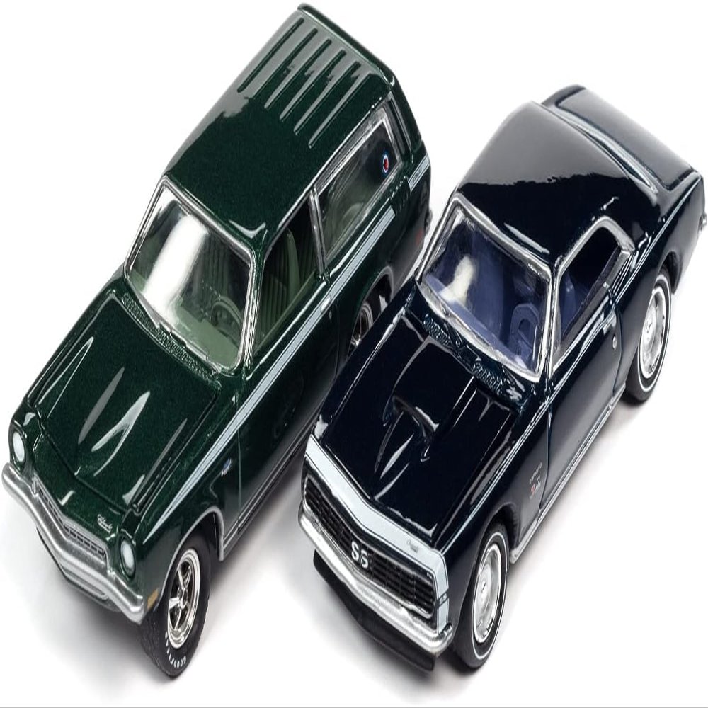 1967 Chevy Camaro SS Royal Plum Metallic and 1972 Chevy Vega Stinger Wagon Dark Green Metallic YENKO Set of 2 Cars 1/64 Diecast Model Cars by Johnny Lightning JLPK014-JLSP170A
