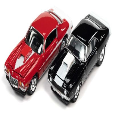 1969 Chevy Camaro ZLX Phase III Black with White Stripes and 1973 Chevy Camaro Phase III Medium Red and White Baldwin Motion Set of 2 Cars 1/64 Diecast Model Cars Johnny Lightning JLPK017-JLSP240B