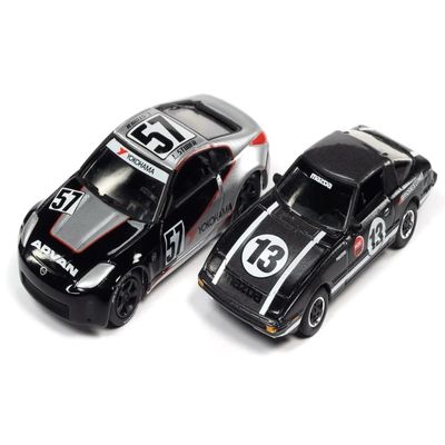2006 350Z #57 Black and Silver with Graphics and 1981 RX-7#13 Dark Silver with Stripes Import Heat GT Set of 2 Cars 1/64 Diecast Model Cars by Johnny Lightning JLPK017-JLSP241B