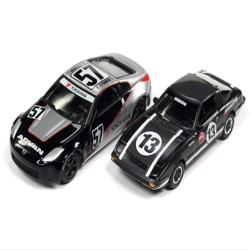 2006 350Z #57 Black and Silver with Graphics and 1981 RX-7#13 Dark Silver with Stripes Import Heat GT Set of 2 Cars 1/64 Diecast Model Cars by Johnny Lightning JLPK017-JLSP241B