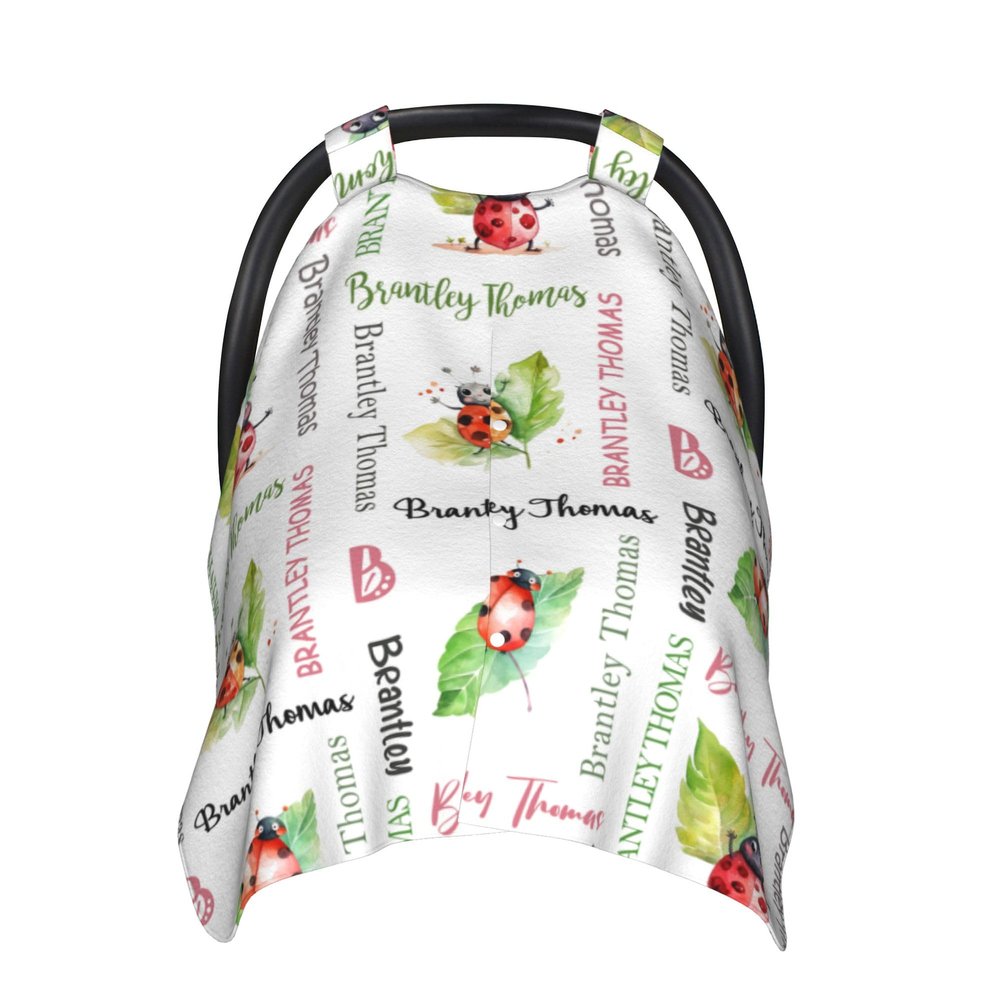 Personalized Baby Car Seat Cover Canopy with Name for Girls Boys Custom Ladybug Baby Carrier Covers for Newborn Mom Nursing Breastfeeding Covers Infant Minky Baby Blanket