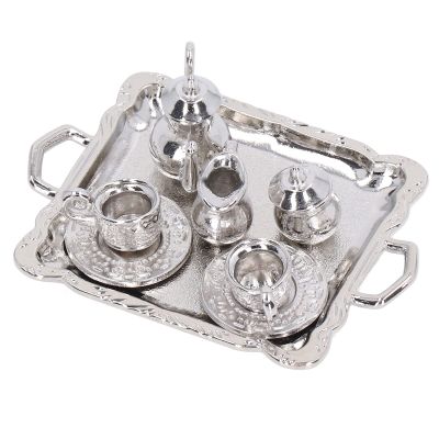 SPYMINNPOO Mini Tea Set, Metal 1/12 Scaled Simulation Lifelike Miniature Tea Cup Tray Kit for Dollhouse