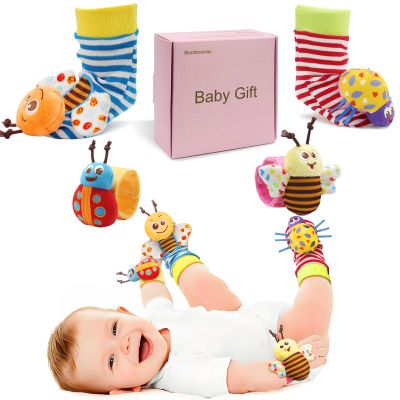 Bloobloomax Baby Wrist Rattle Socks and Foot Finder Set for 0-24 Month, Infant Girl Boy Toys Newborn Hand & Foot Toys for 0 to 24 Months, Baby Shower Gifts Set with Wrist Rattle Socks (Pink Gift Box)