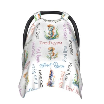 Personalized Baby Car Seat Cover Canopy with Name for Girls Boys Custom Seahorse Baby Carrier Covers for Newborn Mom Nursing Breastfeeding Covers Infant Minky Baby Blanket