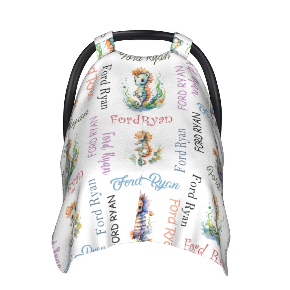 Personalized Baby Car Seat Cover Canopy with Name for Girls Boys Custom Seahorse Baby Carrier Covers for Newborn Mom Nursing Breastfeeding Covers Infant Minky Baby Blanket