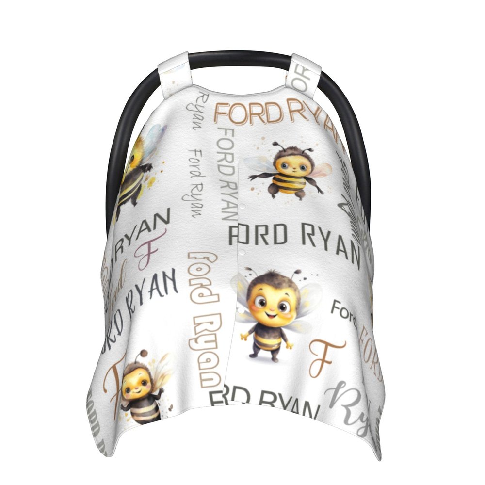 Personalized Baby Car Seat Cover with Name Custom Car Seat Canopy, Customized Bee Nursing Breastfeeding Cover Infant CarSeat Canopies for Baby Girls Boys Newborn Minky Baby Blanket