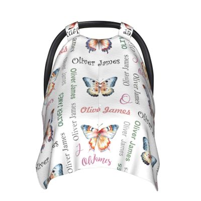 Personalized Baby Car Seat Cover with Name Custom Car Seat Canopy, Customized Butterfly Nursing Breastfeeding Cover Infant CarSeat Canopies for Baby Girls Boys Newborn Minky Baby Blanket