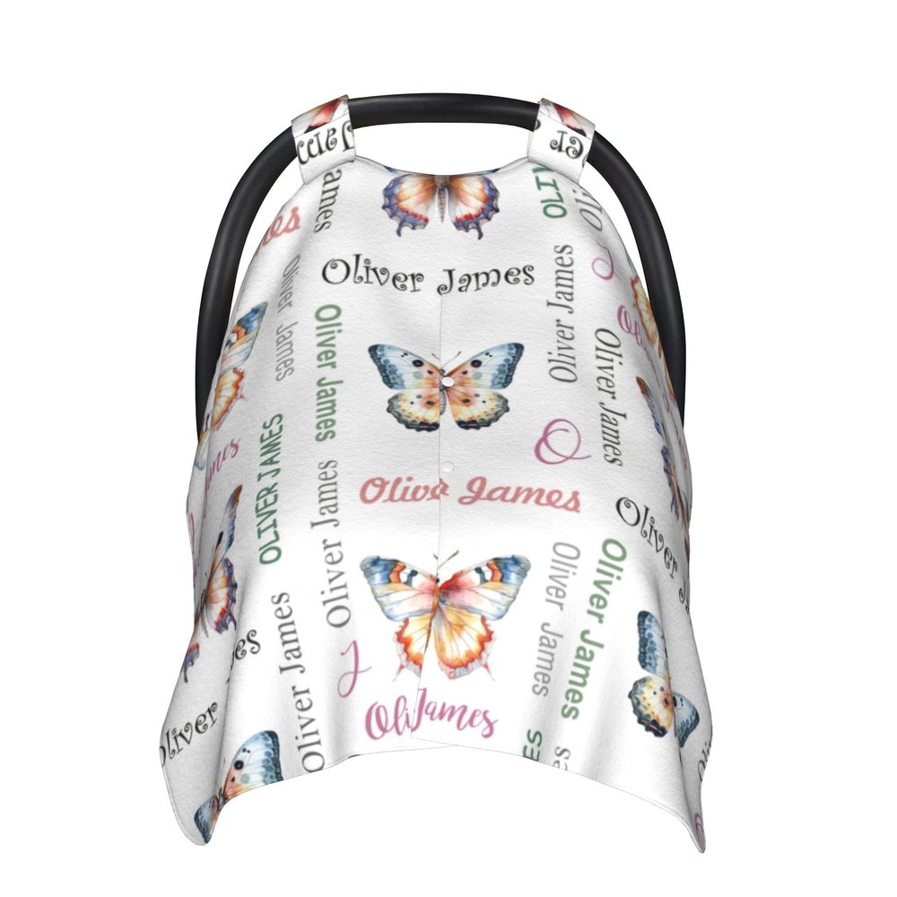 Personalized Baby Car Seat Cover with Name Custom Car Seat Canopy, Customized Butterfly Nursing Breastfeeding Cover Infant CarSeat Canopies for Baby Girls Boys Newborn Minky Baby Blanket