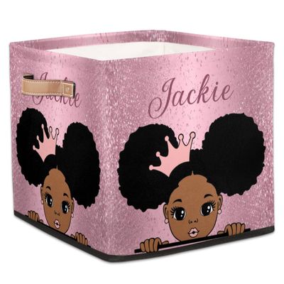 RIRIX Custom Storage Baskets Personalized Storage Bins Basket Boxes with PU Leather Handles for Clothes Bedroom Closet Organizing Toys Books Shelves Storage Boxes African American Princess Girl