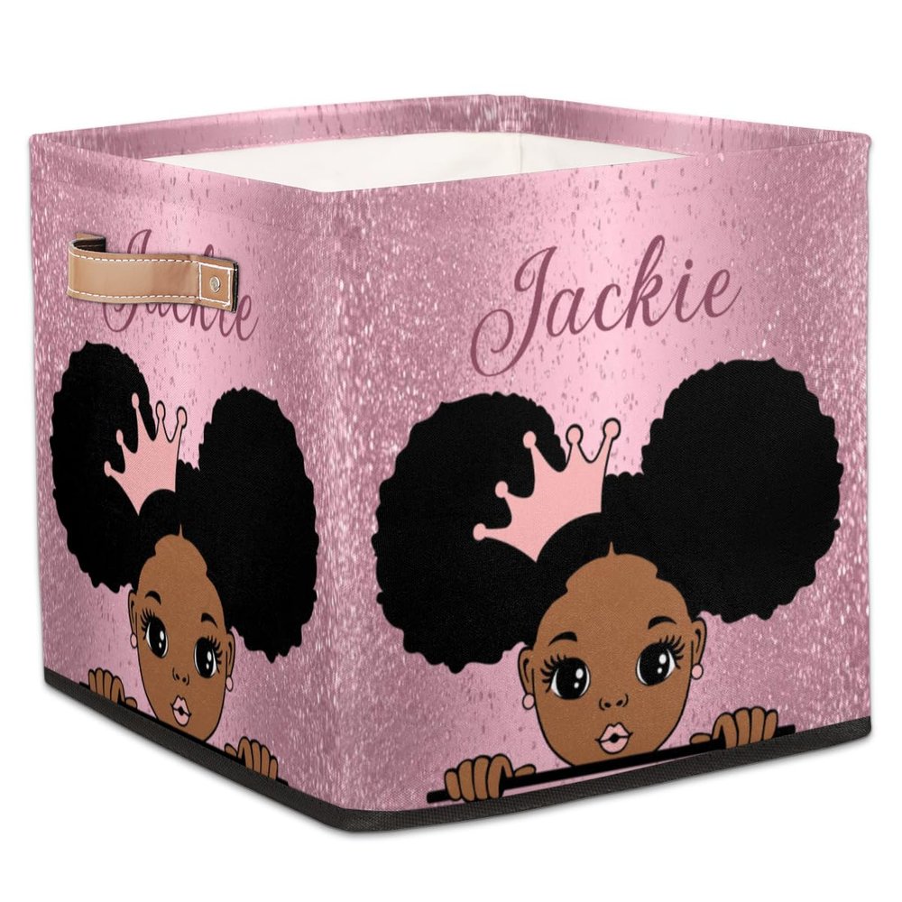 RIRIX Custom Storage Baskets Personalized Storage Bins Basket Boxes with PU Leather Handles for Clothes Bedroom Closet Organizing Toys Books Shelves Storage Boxes African American Princess Girl