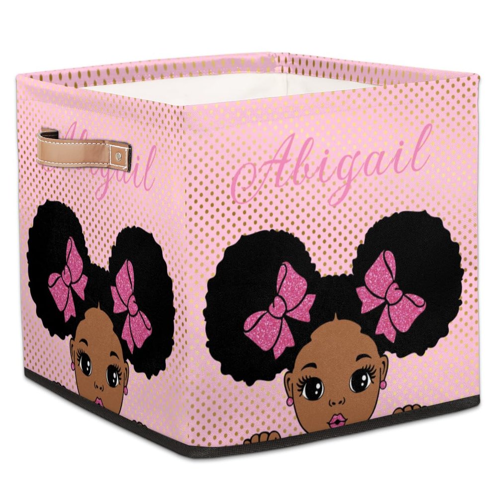 RIRIX Custom Storage Baskets Personalized Storage Bins Basket Boxes with PU Leather Handles for Clothes Bedroom Closet Organizing Toys Books Shelves Storage Boxes African American Princess Girl