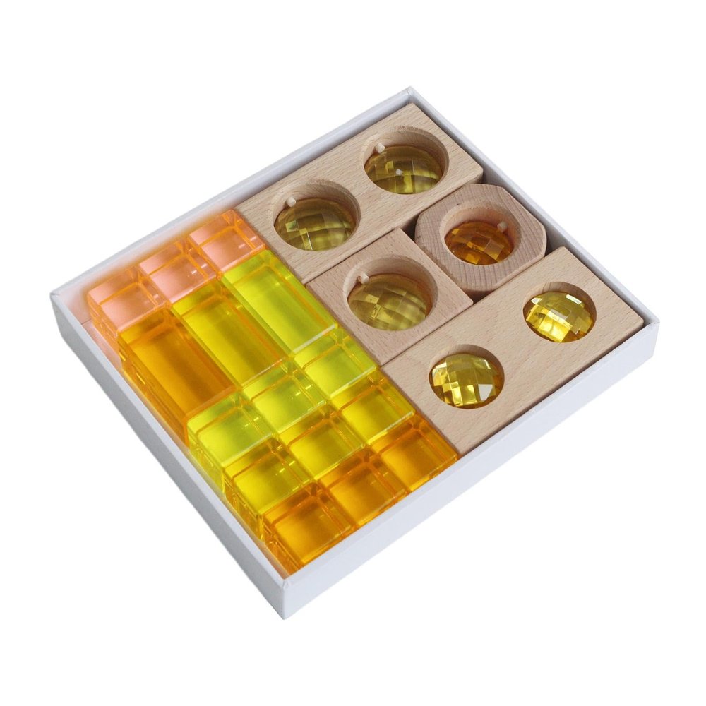 19Pcs Acrylic GEM Building Blocks Set Transparent Appearance Montessori Toys Rainbow Building Cubes Kids Boys Girls Teaching, Yellow