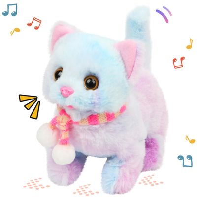 Easfan Walking Kitty Plush Toy Electric Interactive Cat Stuffed Animal Meowing Tail Wagging Head Nodding Cat Pet Toy Animated Kitten Birthday for Kids Toddlers,7.5 (Rainbow)