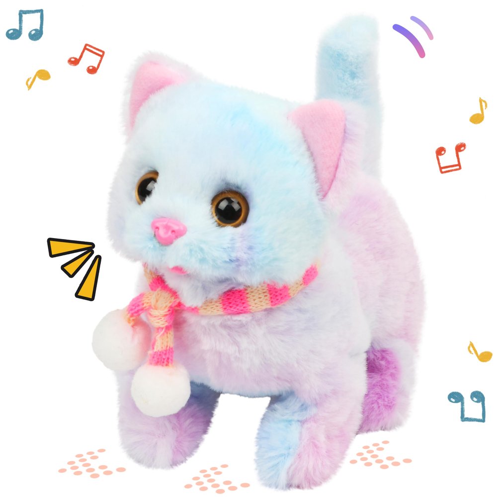 Easfan Walking Kitty Plush Toy Electric Interactive Cat Stuffed Animal Meowing Tail Wagging Head Nodding Cat Pet Toy Animated Kitten Birthday for Kids Toddlers,7.5 (Rainbow)