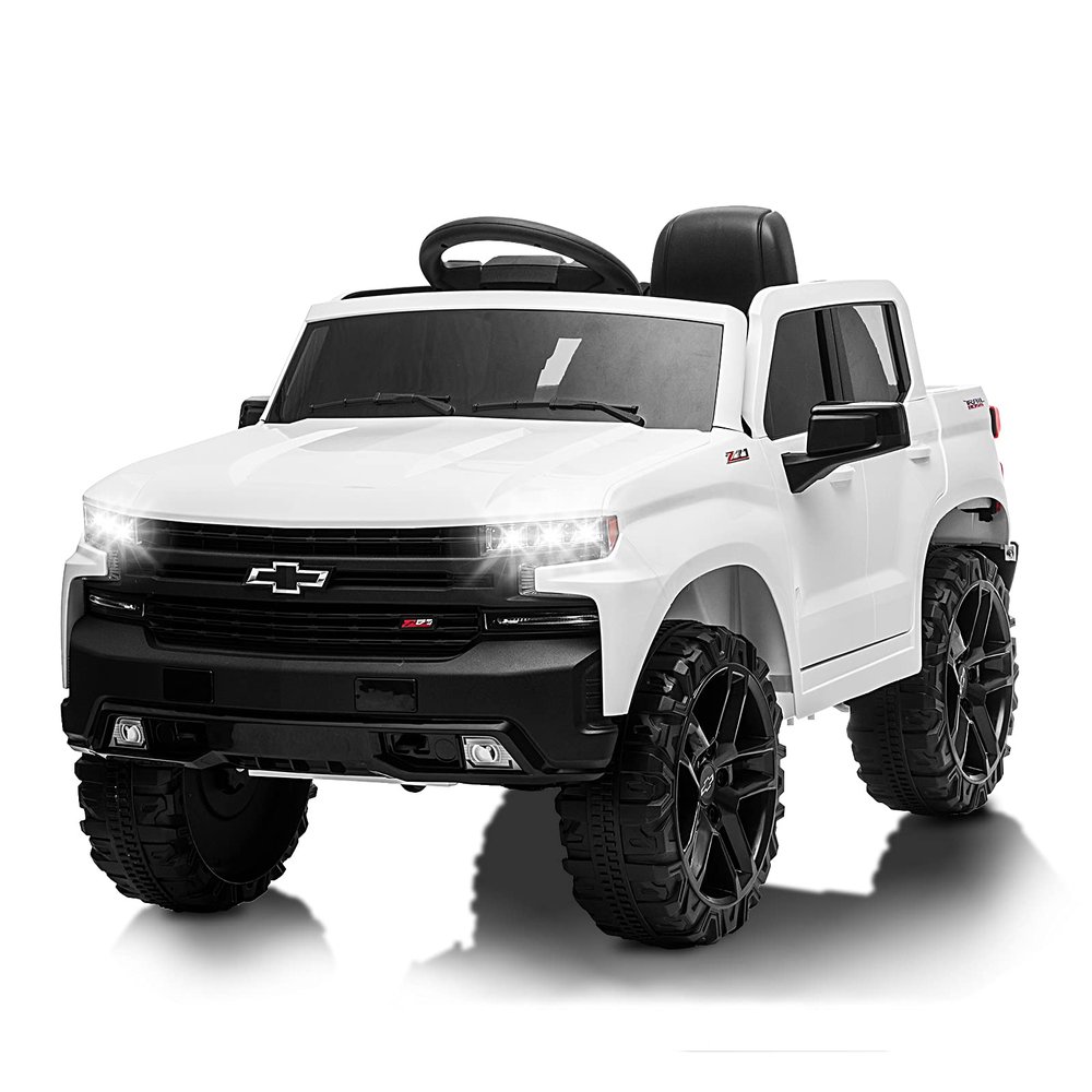 12V Ride on Car for 3-6years, Battery Powered Licensed by Chevrolet Silverado GMC Kids Ride On Truck, Toddler Electric Vehicles Toys w/RC, MP3/Bluetooth, Spring Suspensionfor Boys and Girls(White)