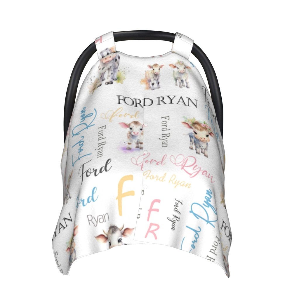 Personalized Cow Baby Car Seat Canopy for Babies with Name, Custom CarSeat Cover Girls Boys, Minky Nursing Breastfeeding Stroller Cover Canopies Newborn Infant Toddler