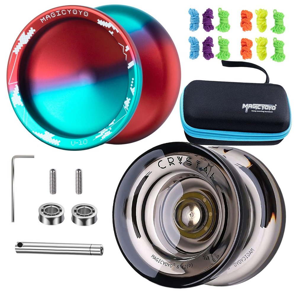 MAGICYOYO Pack of 2 Yoyos, Professional Yoyo V10 & K2, Responsive Yoyo for Kids Beginners, Unresponsive Yoyo for Adults, with 12 Yoyo Strings, Yoyo Case Storage Bag (Blue Red & Black )