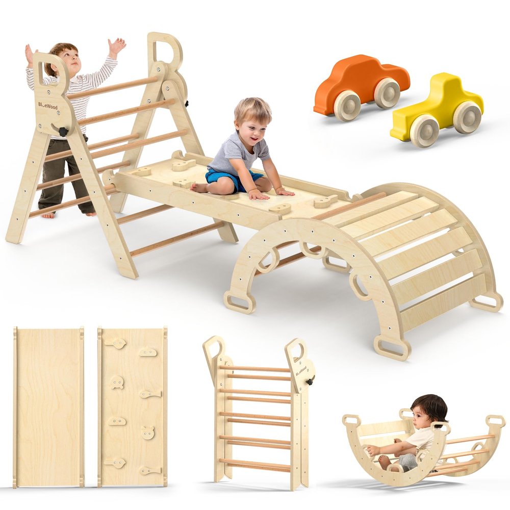 BlueWood Pikler Triangle Set 7-in-1 Foldable Baby Climbing Wooden Toys with Arch&Ramp&Ladder Climber Indoor Jungle Gyms for Toddlers - Natural Wood