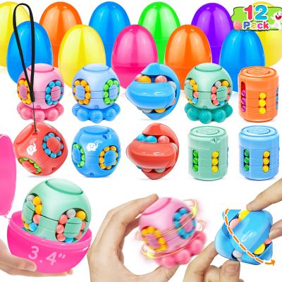 12 Pack 3.4" Jumbo Filled Easter Eggs with Toys Magic Bean Cubes, Fidget Puzzle Toy Brain Teaser Easter Basket Stuffer Egg Fillers, Stress Relief Party Favors Gifts Kid Toddler Teen Classroom Prizes
