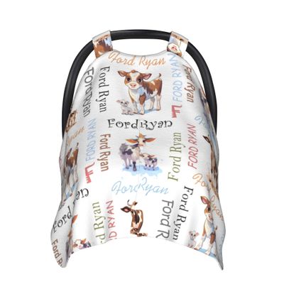 Personalized Cow Baby Car Seat Canopy for Babies with Name, Custom CarSeat Cover Girls Boys, Minky Nursing Breastfeeding Stroller Cover Canopies Newborn Infant Toddler