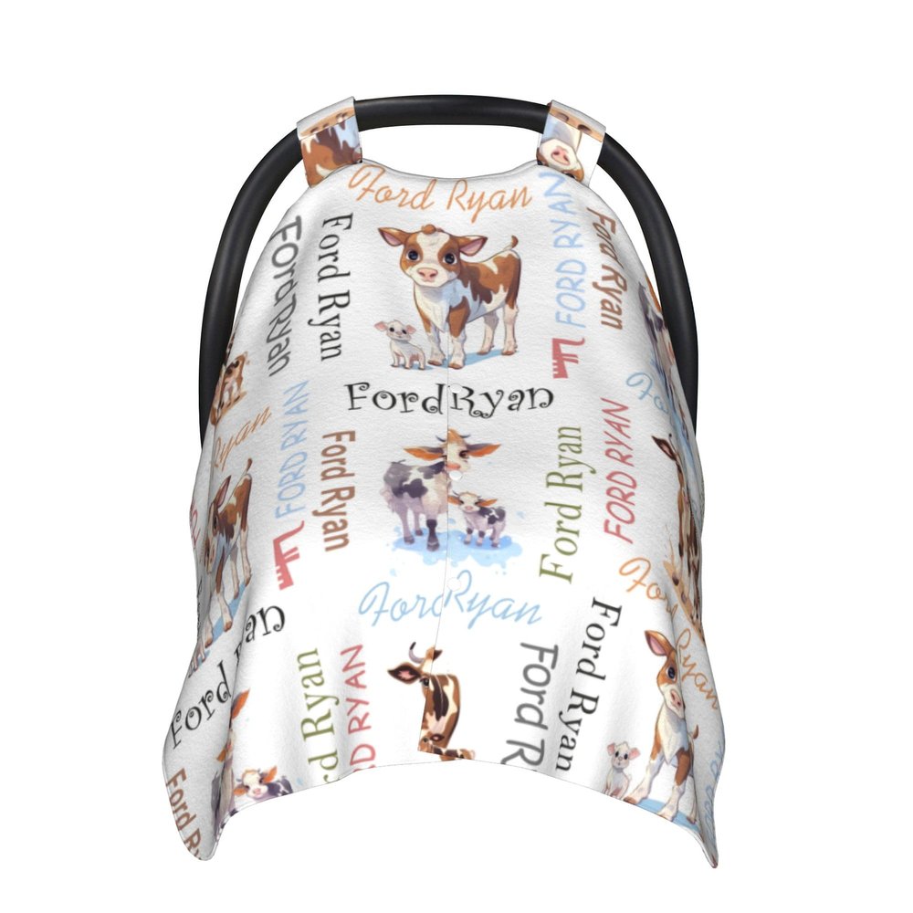 Personalized Cow Baby Car Seat Canopy for Babies with Name, Custom CarSeat Cover Girls Boys, Minky Nursing Breastfeeding Stroller Cover Canopies Newborn Infant Toddler