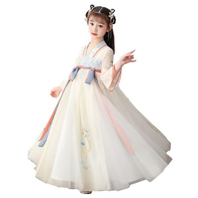 Bnibol Deluxe Han Chinese Clothing for Kids,Girl's Tang Dynasty Traditional Style Floral Embroidery Princess Dress. (US, Age, 4 Years, 6 Years, Apricot)