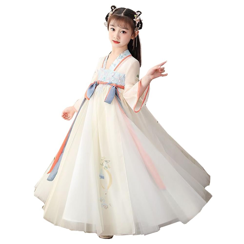 Bnibol Deluxe Han Chinese Clothing for Kids,Girl's Tang Dynasty Traditional Style Floral Embroidery Princess Dress. (US, Age, 4 Years, 6 Years, Apricot)