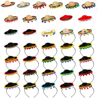 36 PCS Fiesta Decor, Fabric Hats with Ball Fringe & Headbands, Fun Costume Accessories for Mexican Theme Party Decorations